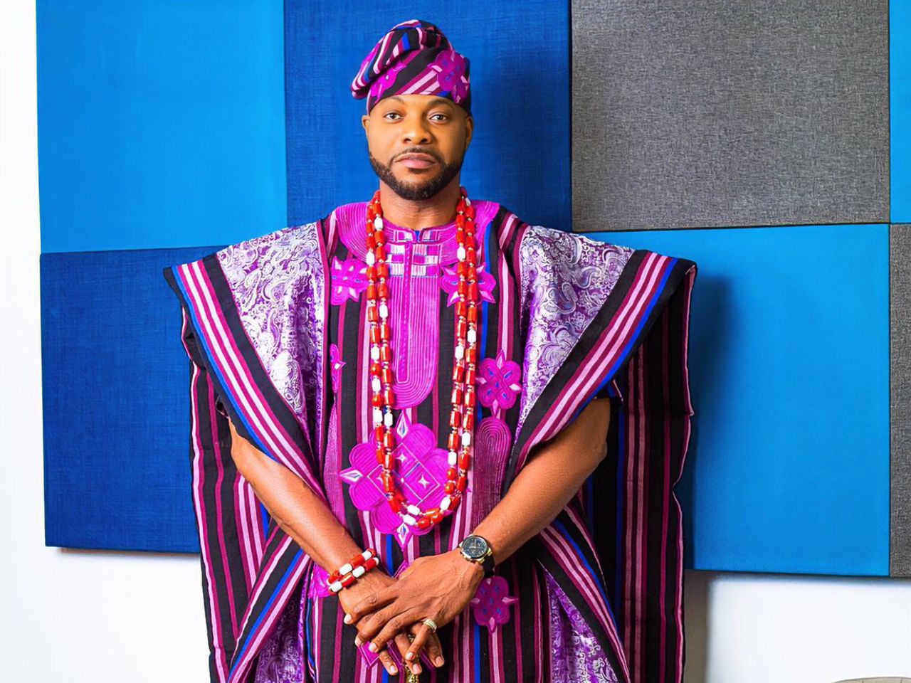 Bolanle Ninaolowo in a traditional Yoruba attire