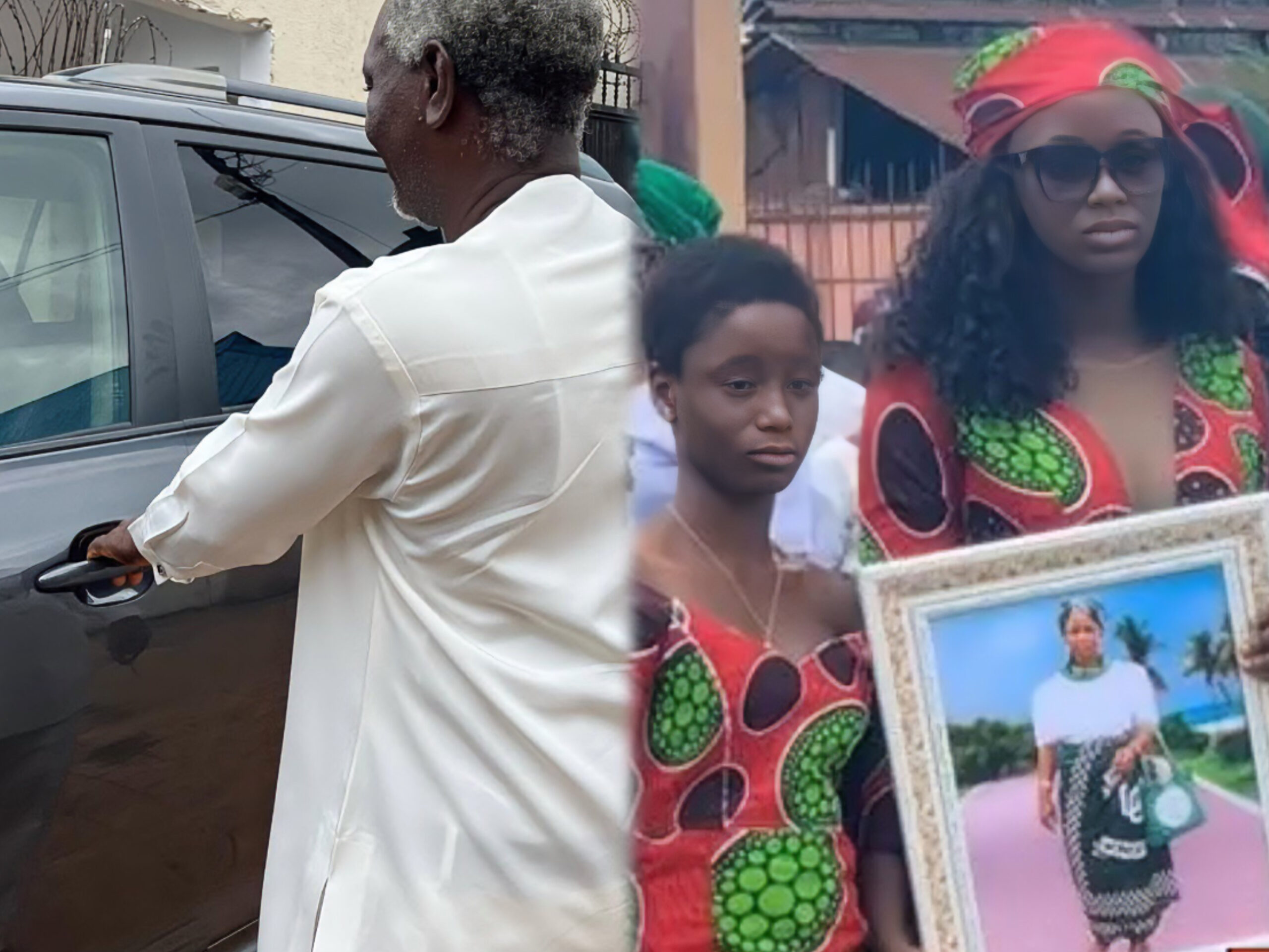 On the left, Luchy Donalds father approaching his new car; on the left, Luchy Donalds during her late mother’s burial (credit: Instagram/Luchydonalds)