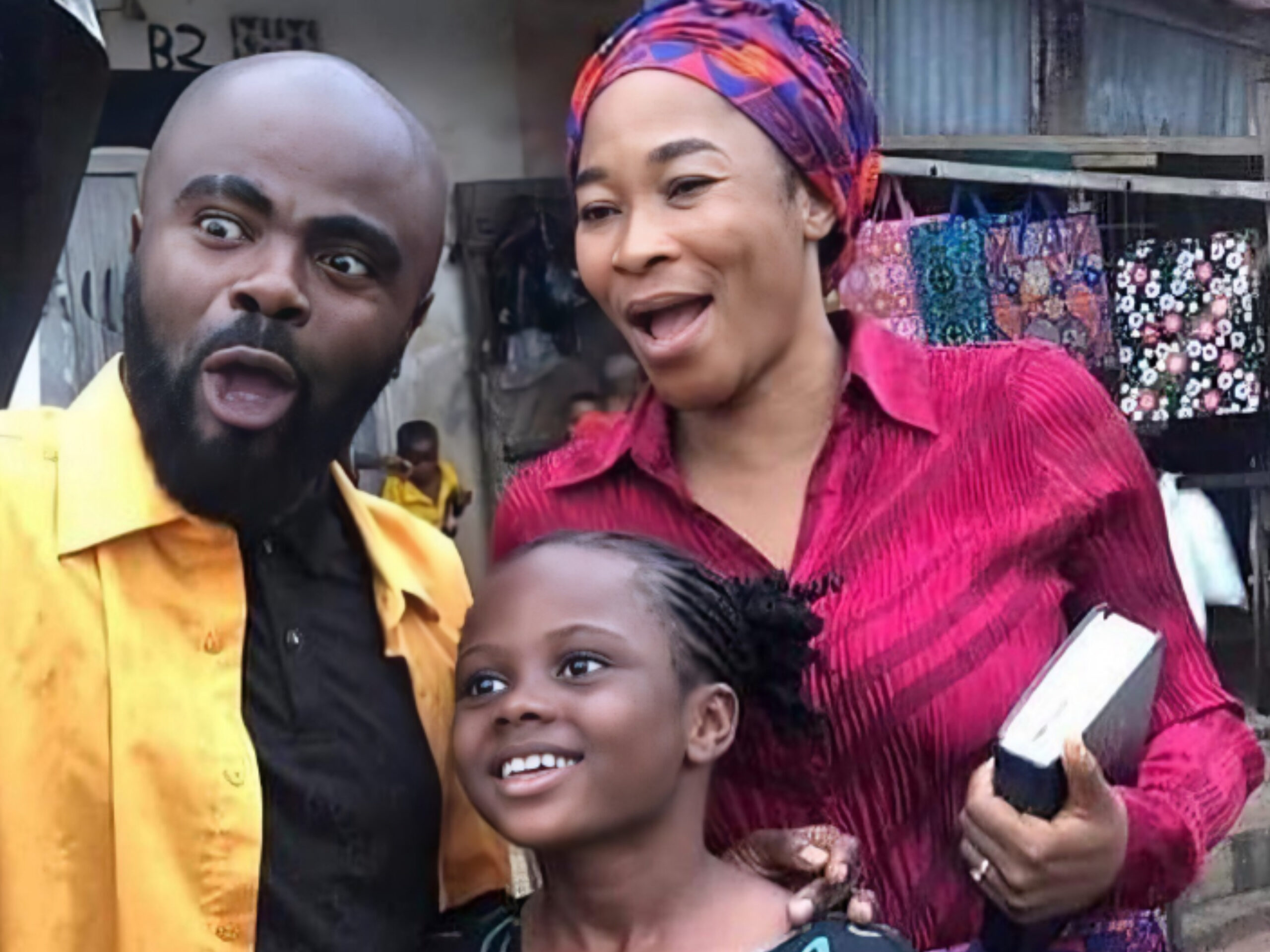 Uchechi Treasure with Chief Imo and Sister Maggi in a comedy set during her early years (Credit: Instagram/adakirikiri)